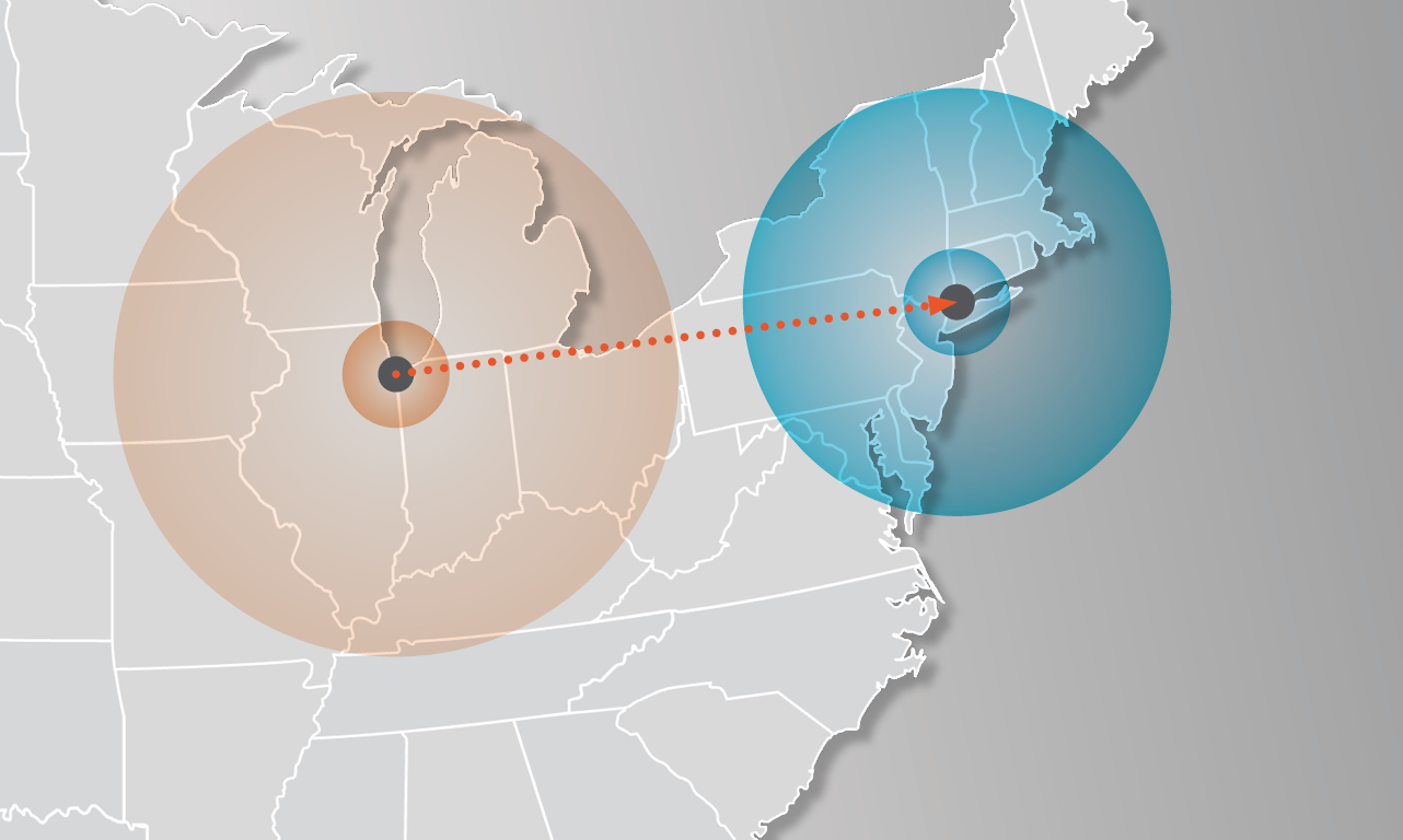 Map of the United States with a data point in Chicago, Illinois connecting to New York, New York